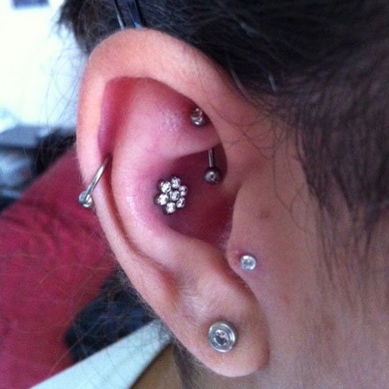 Χειρουργικό Σετ Ατσάλινο Σετ Λουλούδι CZ Gem Ear Tragus Cartilage Helix Σκουλαρίκι Labret Σκουλαρίκι Σκουλαρίκι Σκουλαρίκι Piercing Body Jewelry 16g