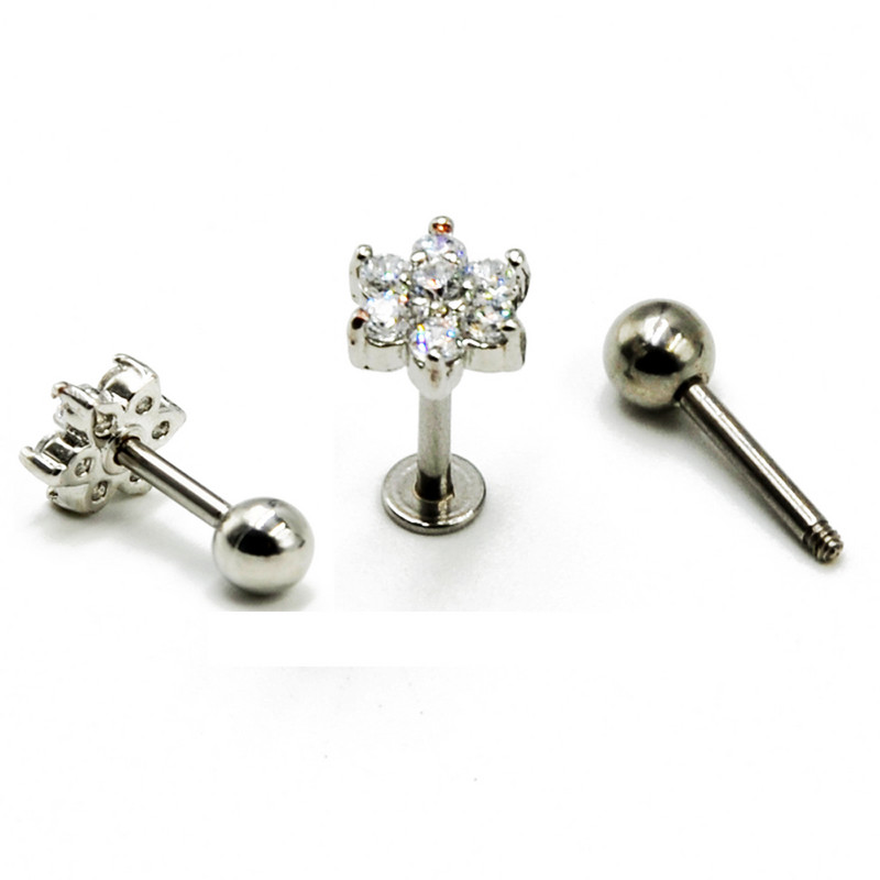 Χειρουργικό Σετ Ατσάλινο Σετ Λουλούδι CZ Gem Ear Tragus Cartilage Helix Σκουλαρίκι Labret Σκουλαρίκι Σκουλαρίκι Σκουλαρίκι Piercing Body Jewelry 16g