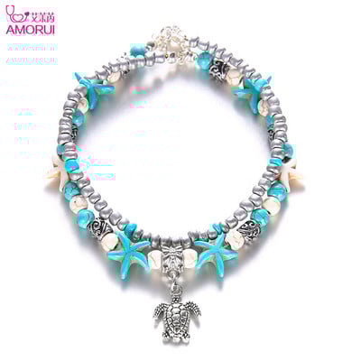 AMORUI Fashion Plajă de culoare argintie Broasca țestoasă pandantiv gleznă brățară albă stea de mare albastre glezne pentru femei bijuterii cadouri