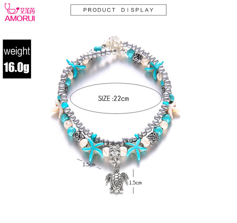 AMORUI Fashion Plajă de culoare argintie Broasca țestoasă pandantiv gleznă brățară albă stea de mare albastre glezne pentru femei bijuterii cadouri
