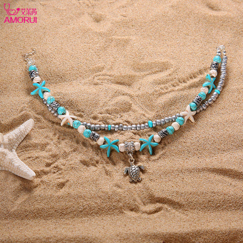 AMORUI Fashion Plajă de culoare argintie Broasca țestoasă pandantiv gleznă brățară albă stea de mare albastre glezne pentru femei bijuterii cadouri