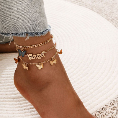 Sindlan 3 bucăți drăguț fluture auriu lanțuri gleznă brățări pentru femei Y2k gotic scrisoare înger Kpop moda pe picior bijuterii