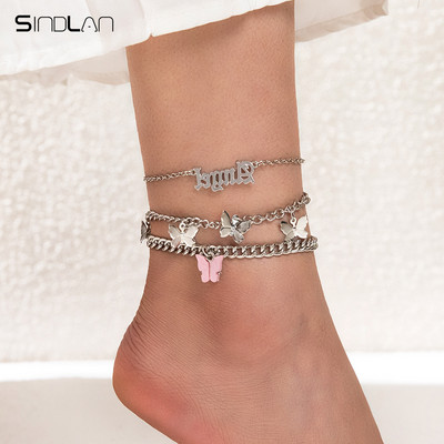 Sindlan 3 bucăți drăguț fluture auriu lanțuri gleznă brățări pentru femei Y2k gotic scrisoare înger Kpop moda pe picior bijuterii