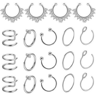 Set de inele pentru piercing pentru nas fals din cristal din oțel inoxidabil Set de inele pentru sept fără piercing Labret pentru buze Lot de inele pentru nas fals Set de cercei Helix