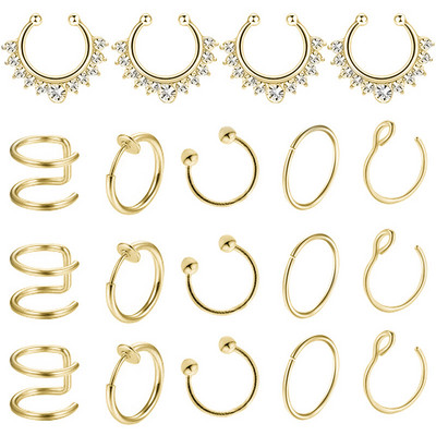 Set de inele pentru piercing pentru nas fals din cristal din oțel inoxidabil Set de inele pentru sept fără piercing Labret pentru buze Lot de inele pentru nas fals Set de cercei Helix