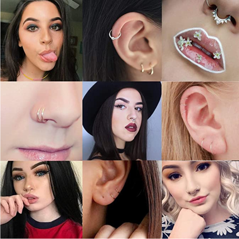 Set de inele pentru piercing pentru nas fals din cristal din oțel inoxidabil Set de inele pentru sept fără piercing Labret pentru buze Lot de inele pentru nas fals Set de cercei Helix