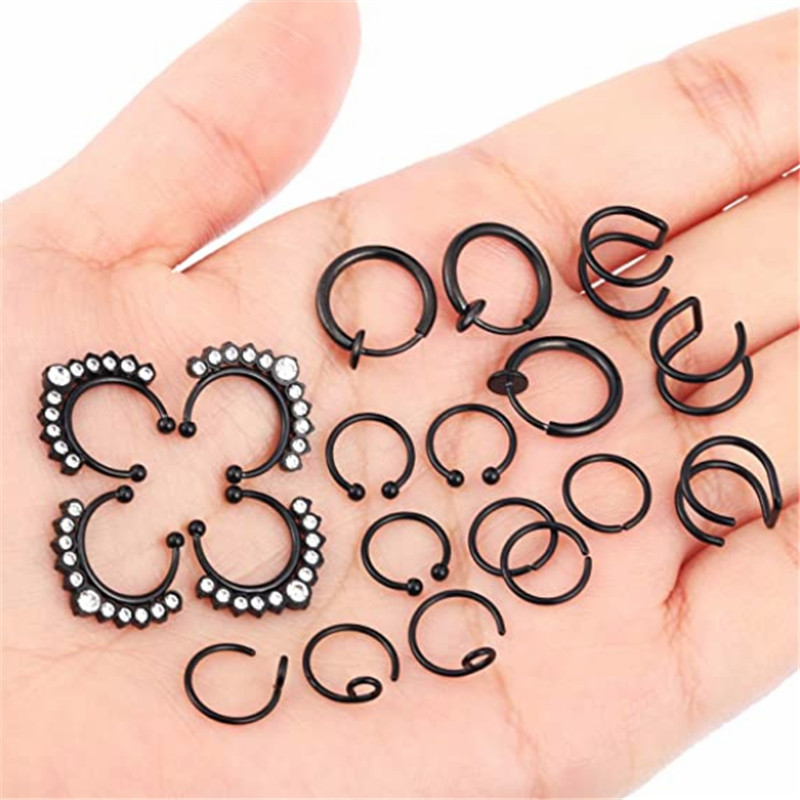 Set de inele pentru piercing pentru nas fals din cristal din oțel inoxidabil Set de inele pentru sept fără piercing Labret pentru buze Lot de inele pentru nas fals Set de cercei Helix