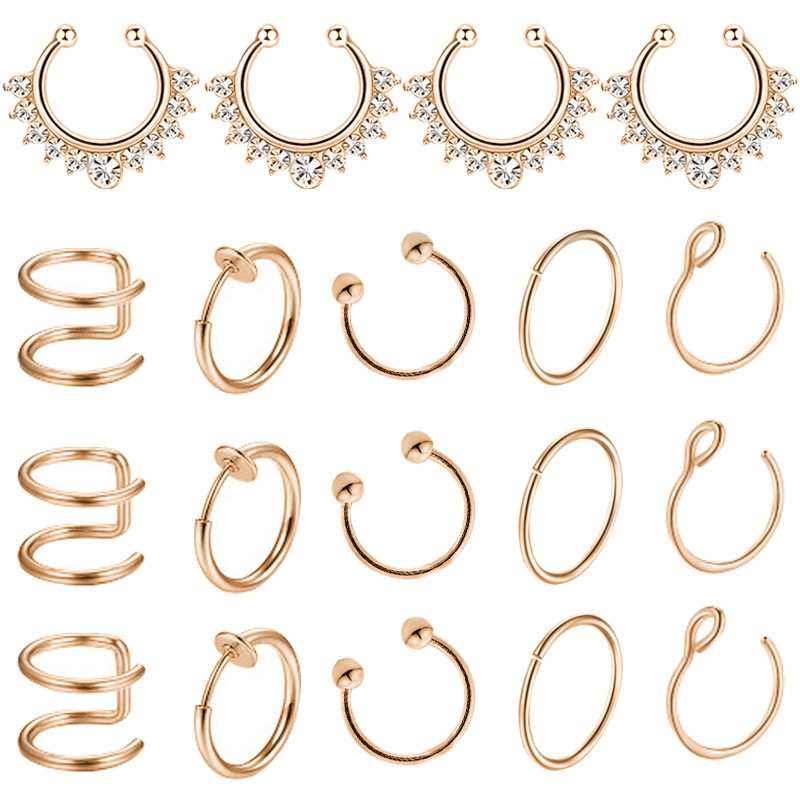 Set de inele pentru piercing pentru nas fals din cristal din oțel inoxidabil Set de inele pentru sept fără piercing Labret pentru buze Lot de inele pentru nas fals Set de cercei Helix