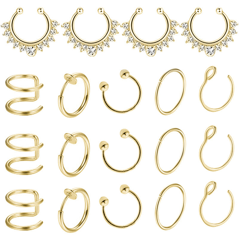 Set de inele pentru piercing pentru nas fals din cristal din oțel inoxidabil Set de inele pentru sept fără piercing Labret pentru buze Lot de inele pentru nas fals Set de cercei Helix