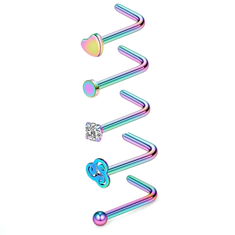 Set de inele de nas din cristal din oțel inoxidabil Set de inele de nas în formă de L de 20 g Set de piercing în nară pentru inimă.