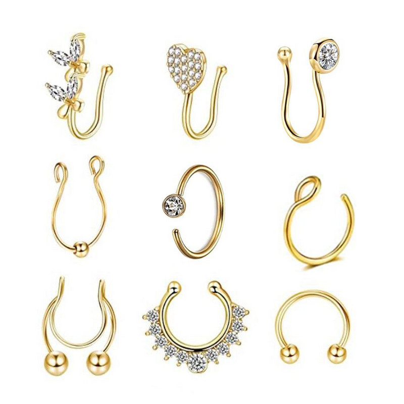 Crystal hamis orr piercing szett virágos klip az orrgyűrűn Tömeges hamis Helix piercing porc fülbevaló hamis orr csíptetős csomag ajakgyűrű