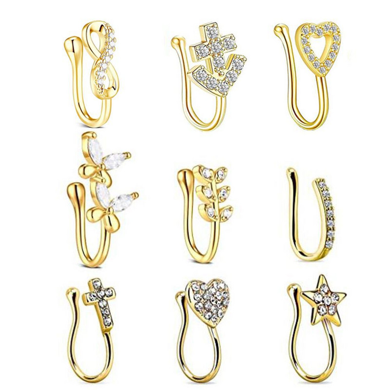 Crystal hamis orr piercing szett virágos klip az orrgyűrűn Tömeges hamis Helix piercing porc fülbevaló hamis orr csíptetős csomag ajakgyűrű