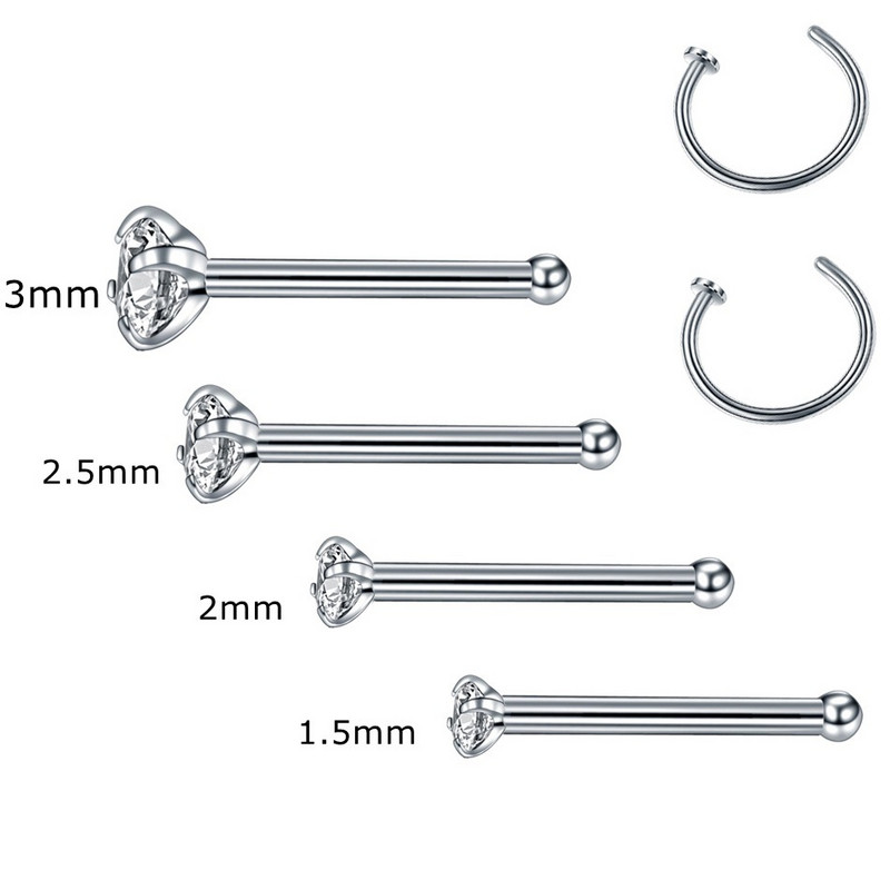 Set de inele de nas cu cristal din oțel chirurgical, drept 20G, pachet de inele de nas cu zircon, lot de știfturi, piercing pentru nară, bijuterii în vrac