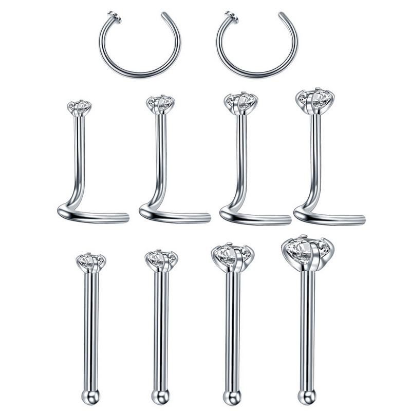 Set de inele de nas cu cristal din oțel chirurgical, drept 20G, pachet de inele de nas cu zircon, lot de știfturi, piercing pentru nară, bijuterii în vrac