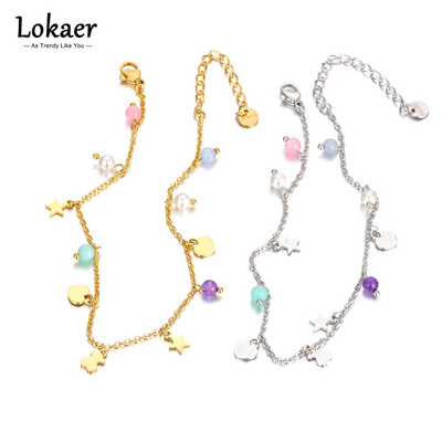 Lokaer Bohemia Pearl Crystal Stone Charm Anklet Бижута за крака Неръждаема стомана Звезда Heart Bear Анкети за жени Момичета A22011
