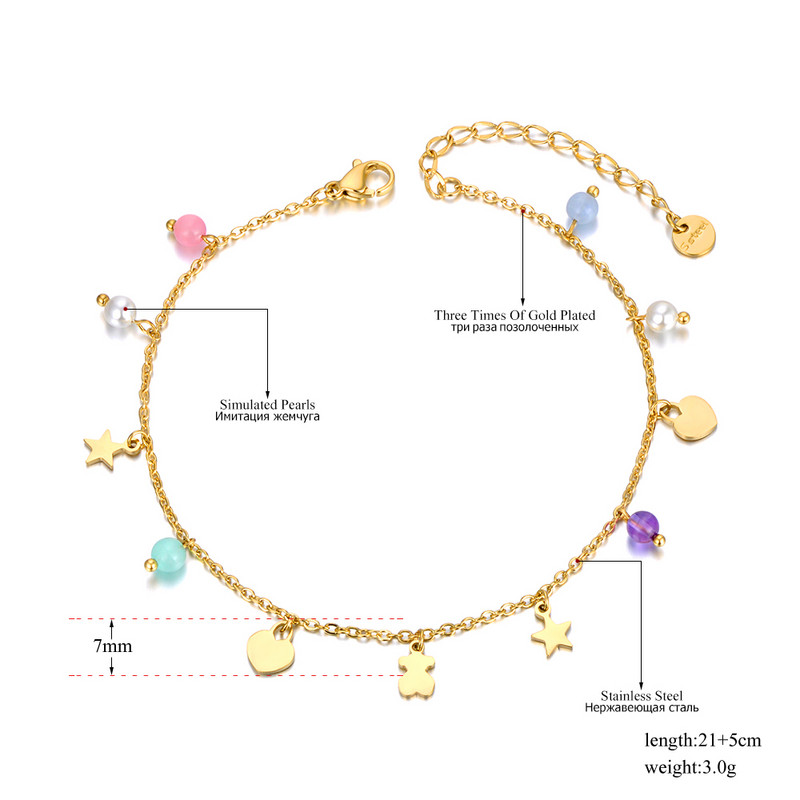 Lokaer Boemia perle cristal piatră farmec gleznă bijuterii picior din oțel inoxidabil Star inimă ursuleț gleznă pentru femei fete A22011