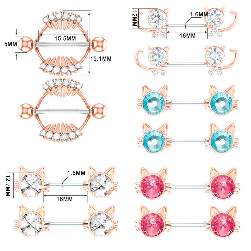 Kirurški čelični set za piercing za bradavice sa slatkim mačkama 14G kristalni prsten za bradavice Veliki zubi Seksi nakit za piercing za bradavice Serija nakita za tijelo
