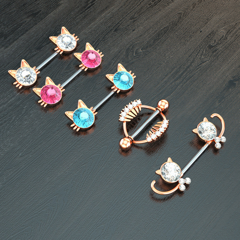 Kirurški čelični set za piercing za bradavice sa slatkim mačkama 14G kristalni prsten za bradavice Veliki zubi Seksi nakit za piercing za bradavice Serija nakita za tijelo