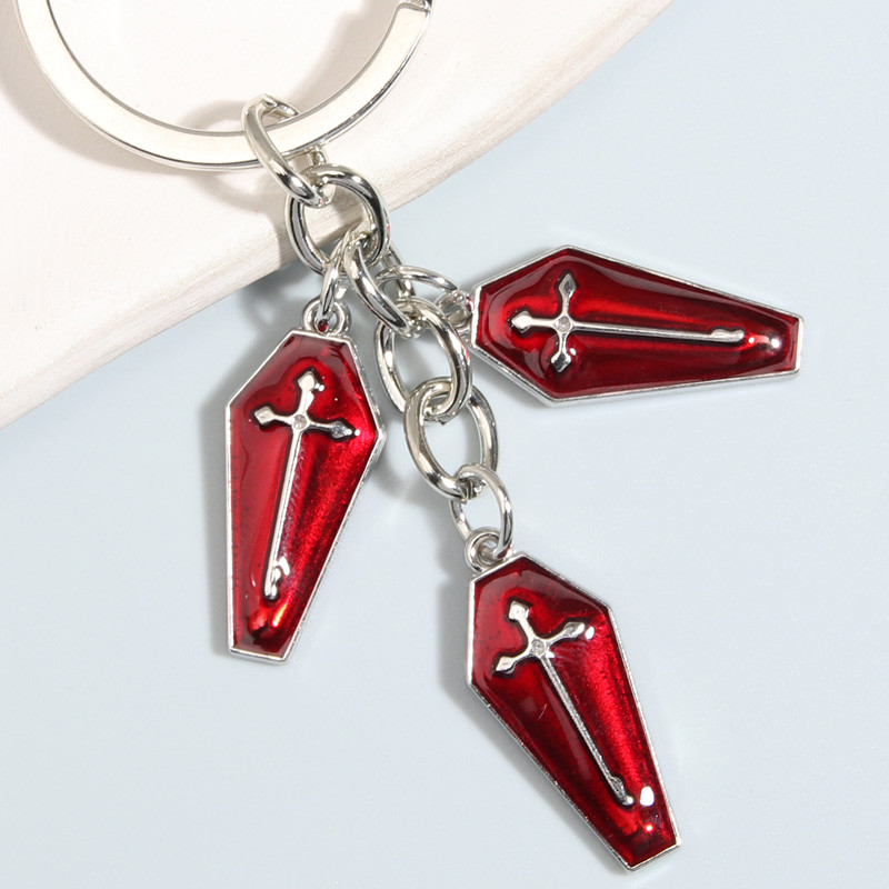 Gótikus punk kulcstartó kereszt sírköves koporsó kulcstartó Halloween kulcstartó nőknek Férfi barkács kézzel készített ékszerek vallási ajándékok