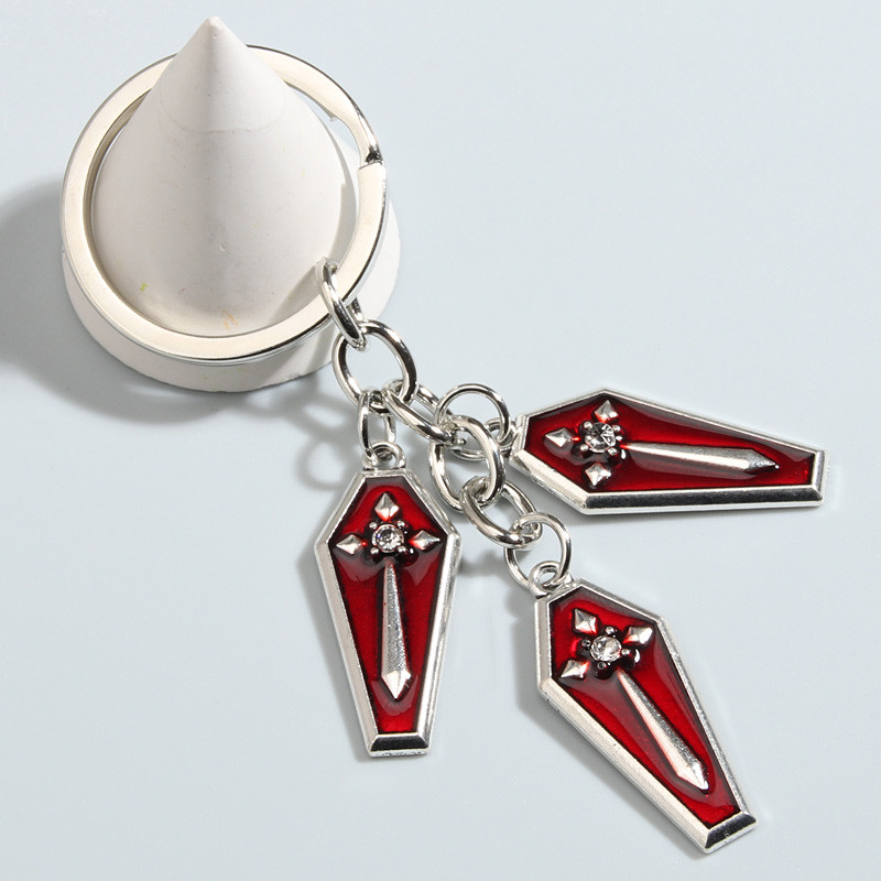 Gótikus punk kulcstartó kereszt sírköves koporsó kulcstartó Halloween kulcstartó nőknek Férfi barkács kézzel készített ékszerek vallási ajándékok