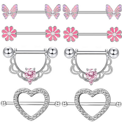Ružičasti kristalni set za piercing za bradavice od nehrđajućeg čelika Cvjetni prsten za bradavice Bulk ženski leptir za bradavice Paket s utegom za piercing Lengua Lot