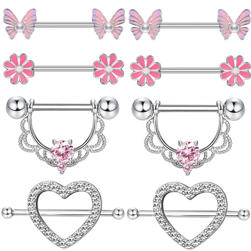 Ružičasti kristalni set za piercing za bradavice od nehrđajućeg čelika Cvjetni prsten za bradavice Bulk ženski leptir za bradavice Paket s utegom za piercing Lengua Lot