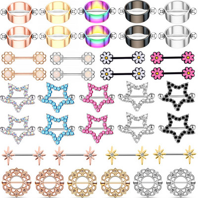 1 ζεύγος Stalness Steel Heart Piercing Ring 14G Flower Piercing Barbell Jewelry Pentagram Σετ ασπίδας διάτρησης θηλής