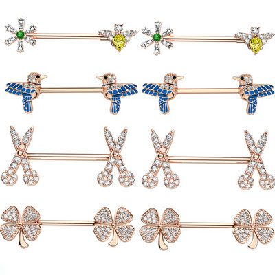 Bară de piercing pentru mamelon pentru flori de albină din oțel inoxidabil 14G foarfece pentru păsări Bijuterii pentru piercing pentru mamelon Frunze elefant inel pentru mamelon