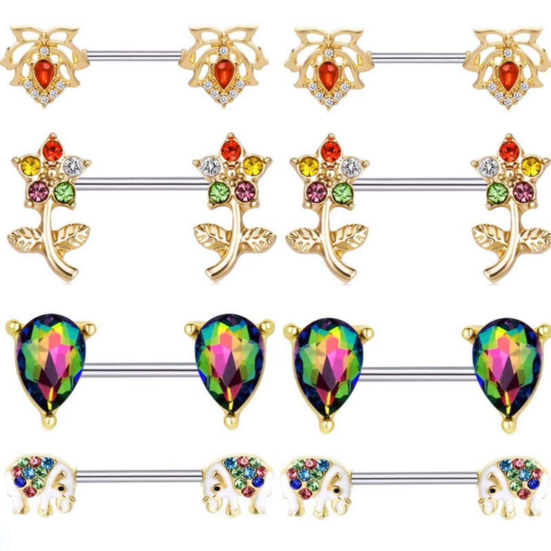 Bară de piercing pentru mamelon pentru flori de albină din oțel inoxidabil 14G foarfece pentru păsări Bijuterii pentru piercing pentru mamelon Frunze elefant inel pentru mamelon