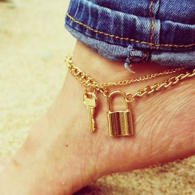 gleznă cu pandantiv cu cheie boemă în mai multe straturi, pentru femei, reglabilă, vintage, gotică, lanț gros, sandale desculțe, bijuterii pentru picioare, cadouri