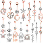 Inel pentru piercing pentru buric din cristal din oțel chirurgical 14G Inel pentru buric cu flori din aur roz