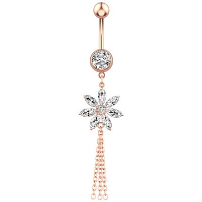 Inel pentru piercing pentru buric din cristal din oțel chirurgical 14G Inel pentru buric cu flori din aur roz