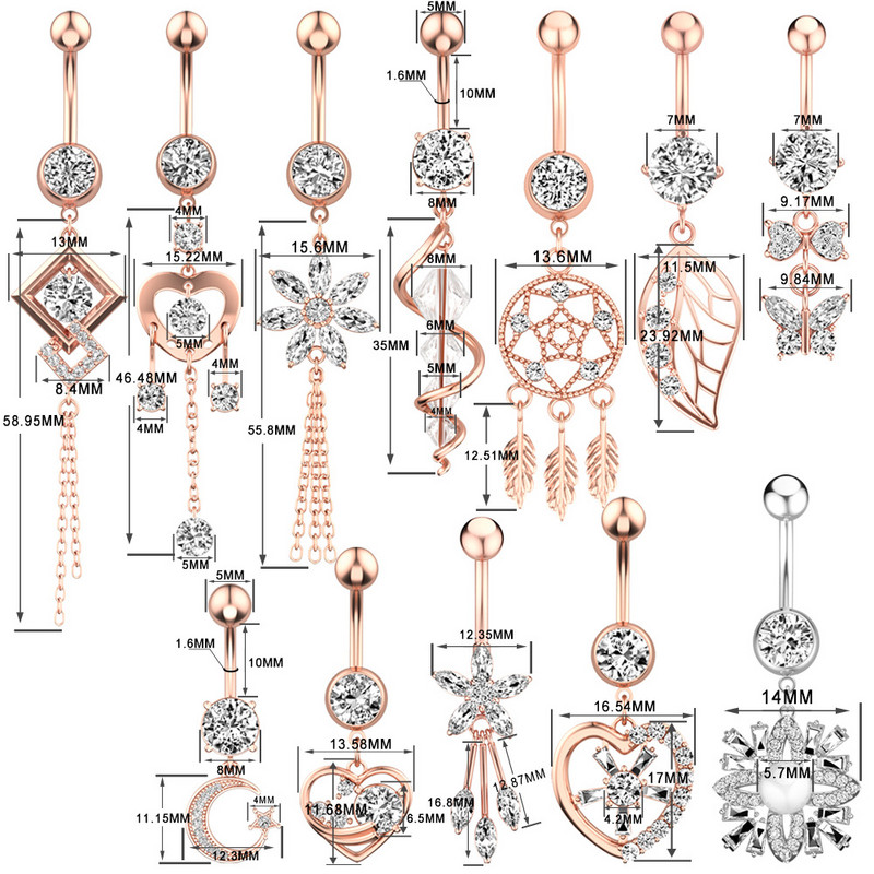 Inel pentru piercing pentru buric din cristal din oțel chirurgical 14G Inel pentru buric cu flori din aur roz