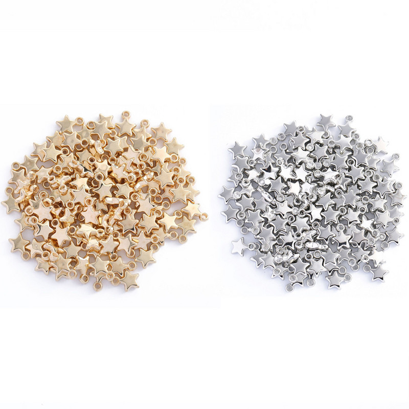 100 бр. 9 mm Star Bead Charm Златно и сребърно покритие CCB Пластмасова малка висулка за Направи си сам изработка на бижута Гривна Колие Обеца Висулка