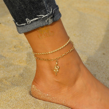 Комплект бохемски златни змийски гривни за глезена Summer Beach Women Double Layer Регулируема геометрична кламерска верига за крака за тийнейджърки
