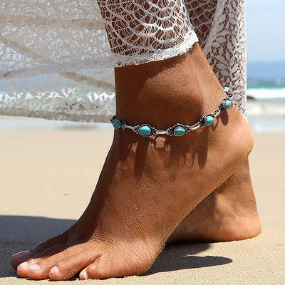 1kom retro etno stil ženske tirkizne narukvice za gležnjeve ručno rađene boho plaže podesivi lanac za stopala s okruglim perlama za žene