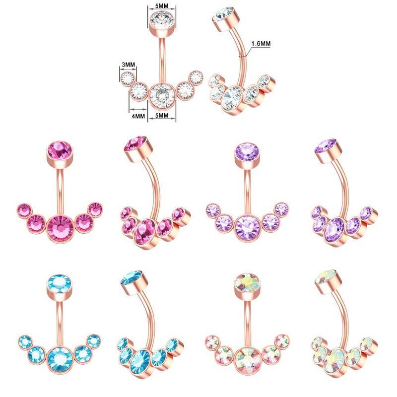 1 részes sebészeti acél női kristály hasgombos piercing 14G szexi hasgyűrű rózsa arany fekete cirkon köldök piercing rúd ékszer