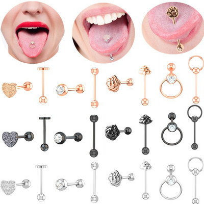 1/2 darab Sebészeti acél nyelv piercing gyűrű 14G rózsa virág nyelv piercing rúd szexi mellbimbó rúd levél nyelvgyűrű ékszer