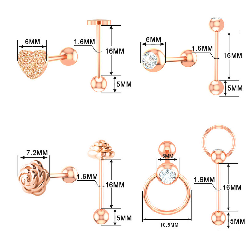 1/2 bucată din oțel chirurgical inimă piercing limba inel 14G trandafir floare limba piercing bar sexy mamelon bar frunze inel limba bijuterii