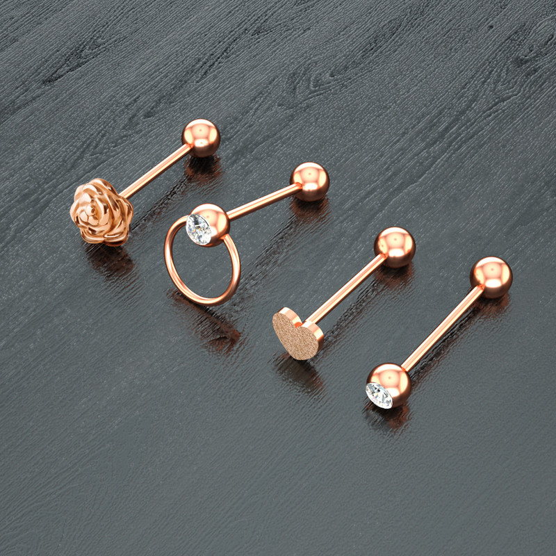 1/2 bucată din oțel chirurgical inimă piercing limba inel 14G trandafir floare limba piercing bar sexy mamelon bar frunze inel limba bijuterii