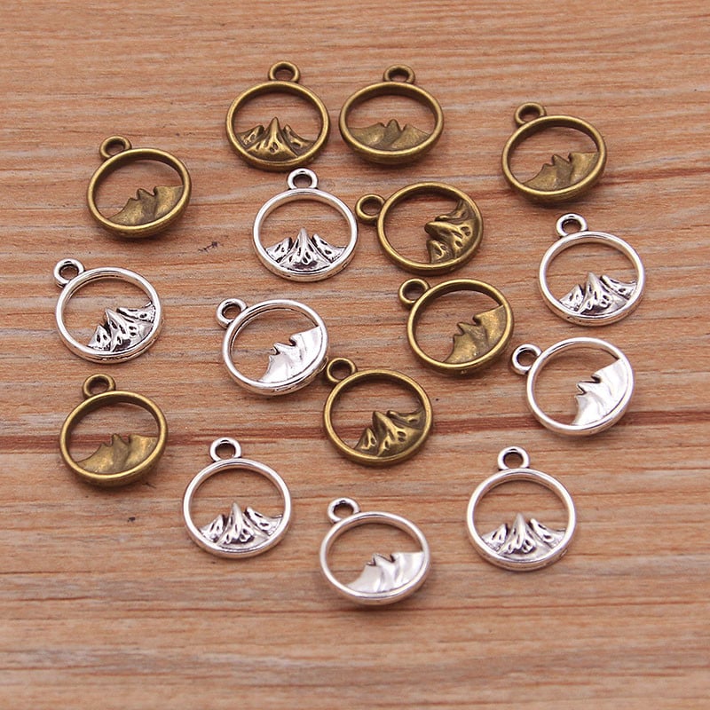 60 bucăți 10 x 13 mm Brelocuri rotunde de munte mici, pandantive naturale, decorare manuală, vintage, pentru realizarea de bijuterii DIY.