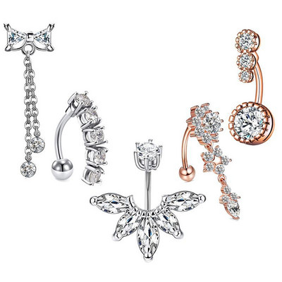 Set de inele pentru buric cu flori din oțel inoxidabil Lot de piercing pentru buric cu cristal de 14 g. Ombligo.