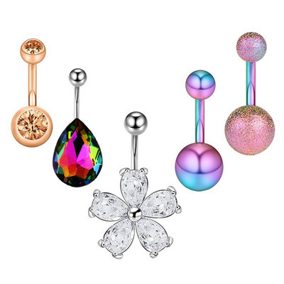 Set de inele pentru buric cu flori din oțel inoxidabil Lot de piercing pentru buric cu cristal de 14 g. Ombligo.