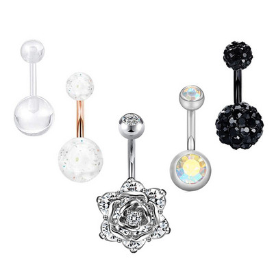 Set de inele pentru buric cu flori din oțel inoxidabil Lot de piercing pentru buric cu cristal de 14 g. Ombligo.