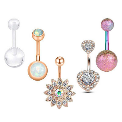 Set de inele pentru buric cu flori din oțel inoxidabil Lot de piercing pentru buric cu cristal de 14 g. Ombligo.