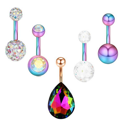 Set de inele pentru buric cu flori din oțel inoxidabil Lot de piercing pentru buric cu cristal de 14 g. Ombligo.