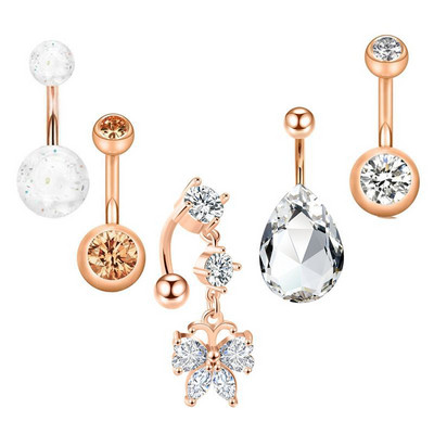 Set de inele pentru buric cu flori din oțel inoxidabil Lot de piercing pentru buric cu cristal de 14 g. Ombligo.