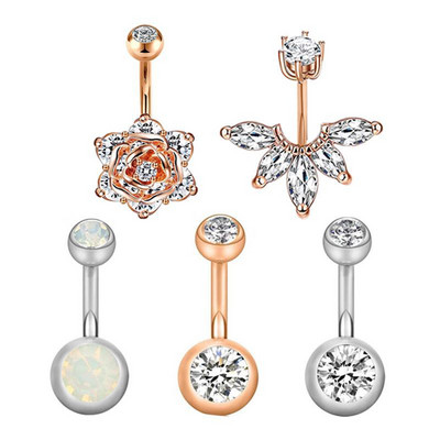 Set de inele pentru buric cu flori din oțel inoxidabil Lot de piercing pentru buric cu cristal de 14 g. Ombligo.