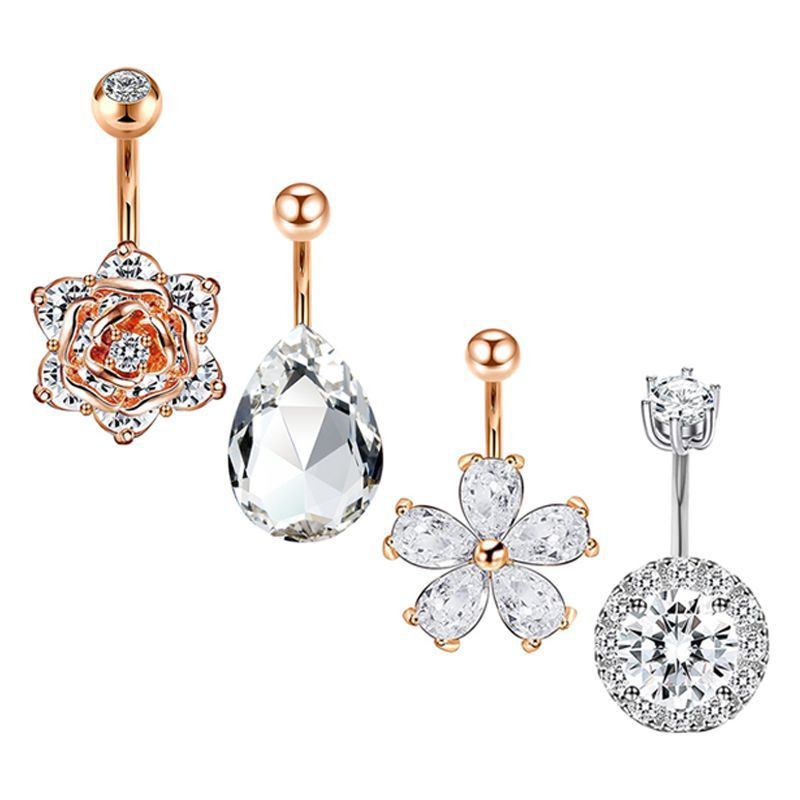 Set de inele pentru buric cu flori din oțel inoxidabil Lot de piercing pentru buric cu cristal de 14 g. Ombligo.