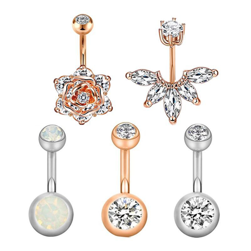 Set de inele pentru buric cu flori din oțel inoxidabil Lot de piercing pentru buric cu cristal de 14 g. Ombligo.